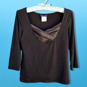 Vintage 90s Black Fitted Top Satin Trim Size L Sweetheart Neckline Vampy Goth